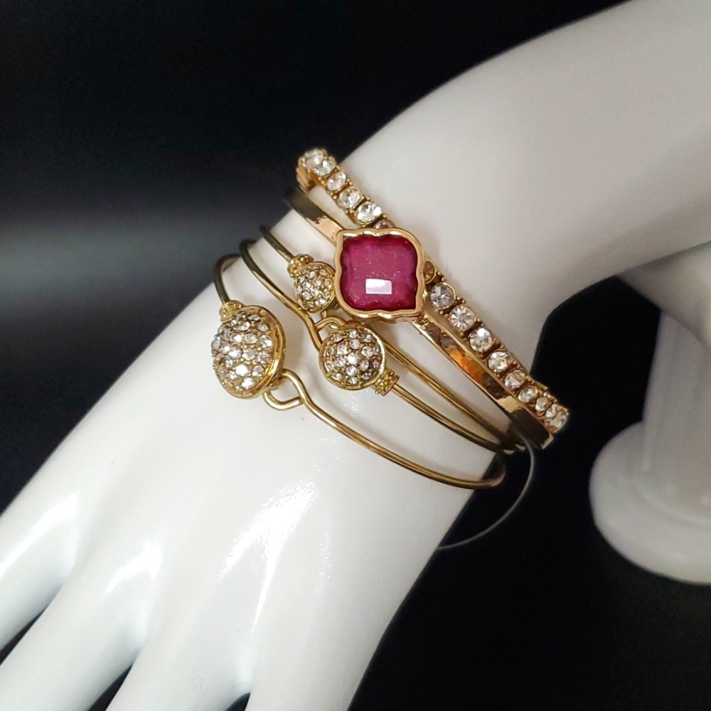 Gold Metal with rhinestones  pink crystal set of 5 Stackable bracelets